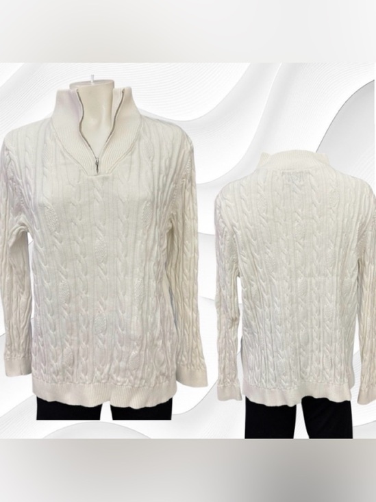 Lands' End Sweaters - LANDS’ END Women XL Snow White 1/4 zip CableKnit Pull Over Sweater White LS